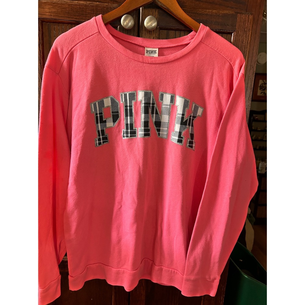 Victoria's Secret PINK Sweatshirt Womens Medium Neon Pink Plaid Glitter Logo med